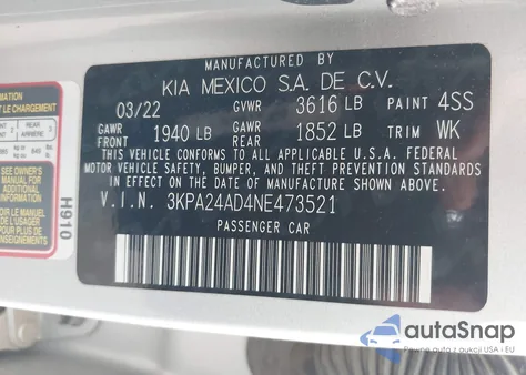 2022 Kia Rio Lx из США, поврежденный, VIN 3KPA24AD4NE473521